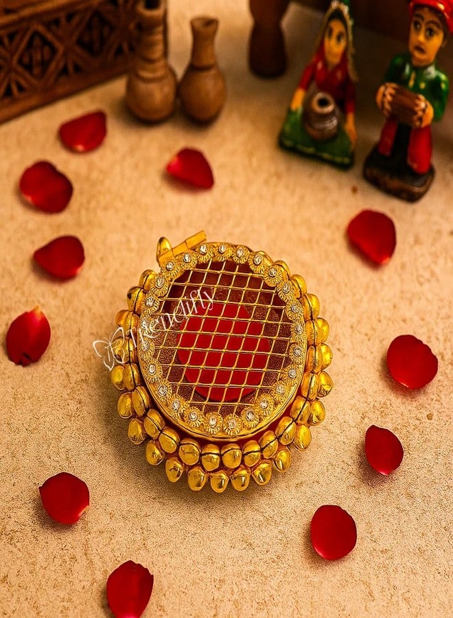 Trendifly Golden Metal Ghungroo Round Gold Silver Coin Cash Shagun Box | Decorative Ring Coin Sikka Storage Box | Wedding Pooja Baby Shower Rakhi Shagun Return Gifts - Image 1